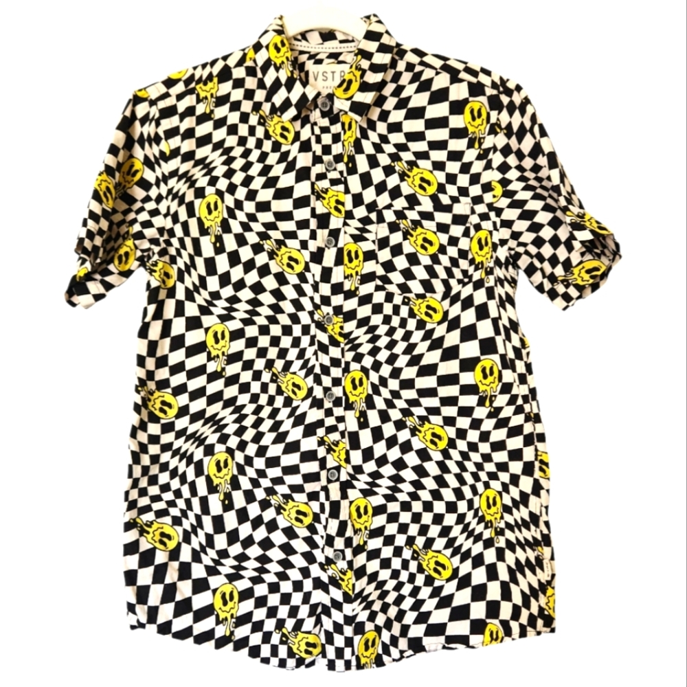 VSTR Premium Checker Print Melted Smiley Button Down Shirt Medium